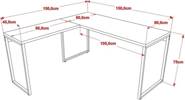 Mesa de Escritório em L Estilo Industrial 1,50mX1,50m Kuadra, Compace, Preto Ônix / Est.Preta - Imagem 2