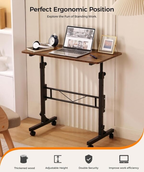 Mesa de pé com altura ajustável, mesas de pé com rodas pequenas mesas de computador, mesas portáteis para laptop, mesa de pé rústica, mesa de escritório em casa 40,6 x 80 cm altura 68,5 cm - 110,5 cm - Imagem 2
