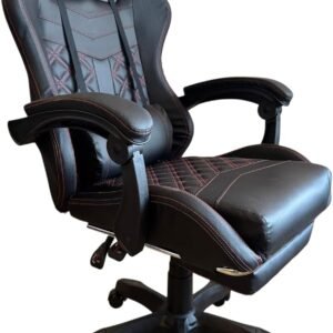 MobelPro Cadeira Gamer Ergonômica, Reclinável com Apoio para Pés, Couro Sintético Preto com Costura Vermelha