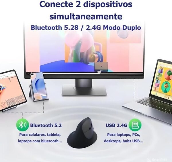 Mouse Ergonômico Vertical sem Fio, Bluetooth 5.2 e 2.4G Modo Duplo, DPI Ajustável 800-1600, Preto - Imagem 2