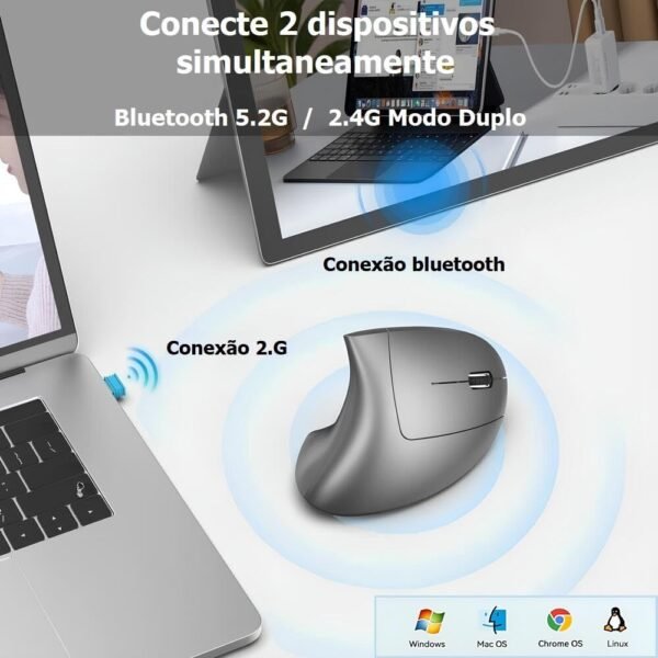 Mouse Vertical Ergonômico, Conexão Bluetooth 5.1 + 2.4G, 2400 DPI, 6 Botões, Recarregável, Compatível com Windows/Mac/Linux Preto - Imagem 2