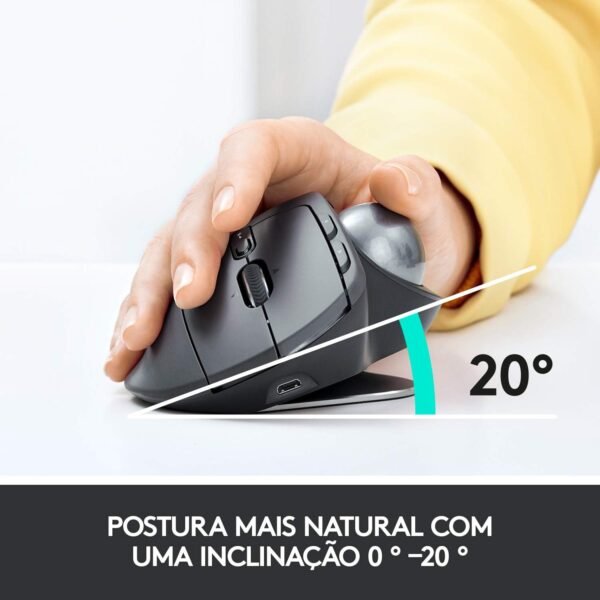Mouse sem fio Logitech Trackball MX Ergo com Ajuste de Ângulo, Conexão USB Unifying ou Bluetooth com Easy-Switch para até 3 dispositivos e Bateria Recarregável - Imagem 2