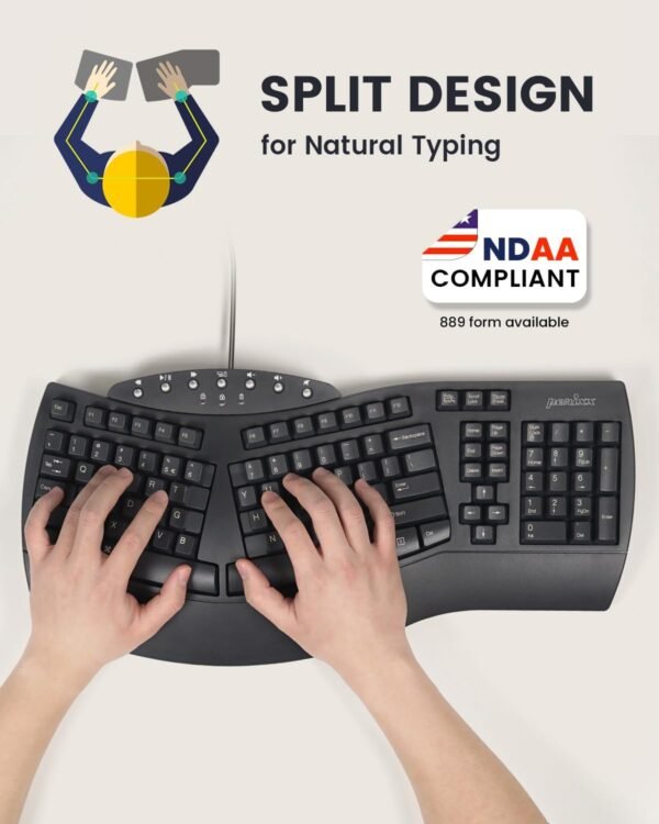 Perixx Teclado dividido ergonômico Periboard-512 - design ergonômico natural - preto - tamanho volumoso 48,5 x 23,5 x 4,4 cm, layout em inglês dos EUA - Imagem 2