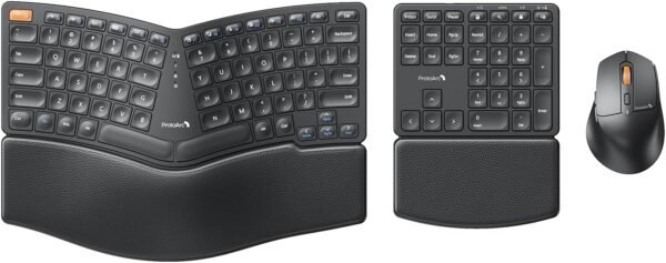 ProtoArc Mouse de teclado ergonômico, combo de teclado Ergo sem fio EKM04 2,4 GHz, teclado numérico separado, design dividido, descanso de pulso, recarregável, para desktop, PC, laptop, Windows