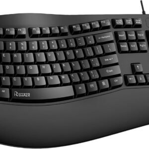 RECCAZR Teclado ergonômico, teclado USB para computador com fio com descanso de pulso, resistente a derramamentos, teclas onduladas para digitação natural, compatível com Windows/PC/laptop (preto)