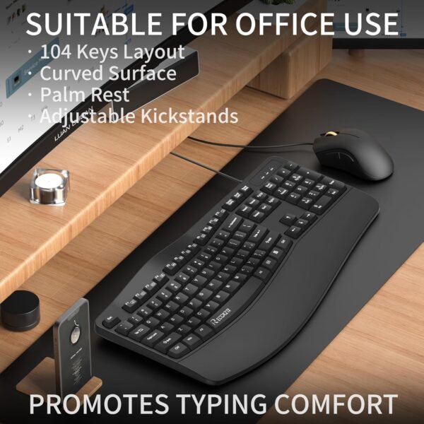RECCAZR Teclado ergonômico, teclado USB para computador com fio com descanso de pulso, resistente a derramamentos, teclas onduladas para digitação natural, compatível com Windows/PC/laptop (preto) - Imagem 2