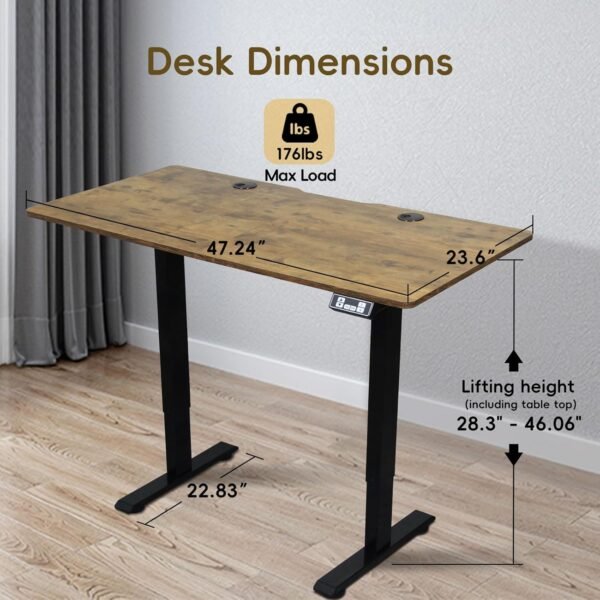RRTECHFORU Mesa de pé elétrica, mesa de pé de altura ajustável, mesa de escritório em casa com placa de emenda (marrom rústico, 122 cm) - Imagem 2