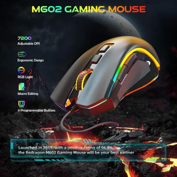Redragon Mouse para jogos com fio RGB M602 RGB retroiluminado com espectro RGB Mouse ergonômico Griffin programável com 7 modos de luz de fundo até 7200 DPI para Windows PC Gamers (preto) - Imagem 2