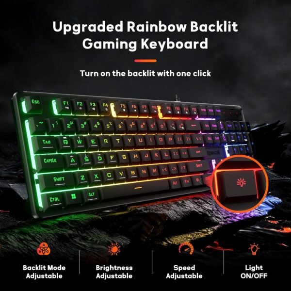 Redragon Teclado para jogos de LED Rainbow K521, teclado mecânico com 104 teclas com fio e teclas multimídia, retroiluminado com um toque, anti-fantasma, compatível com PC, Mac, PS4/5, Xbox - Imagem 2