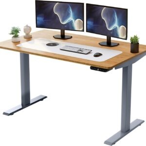 Rise Up Mesa elétrica com motor duplo 122 x 76 cm, mesa de bambu natural, ergonômica, com altura ajustável, sentada, em pé, escritório, mesa de computador, motorizada, moderna, pequena