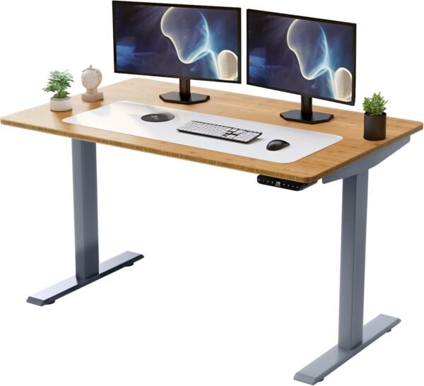 Rise Up Mesa elétrica com motor duplo 122 x 76 cm, mesa de bambu natural, ergonômica, com altura ajustável, sentada, em pé, escritório, mesa de computador, motorizada, moderna, pequena