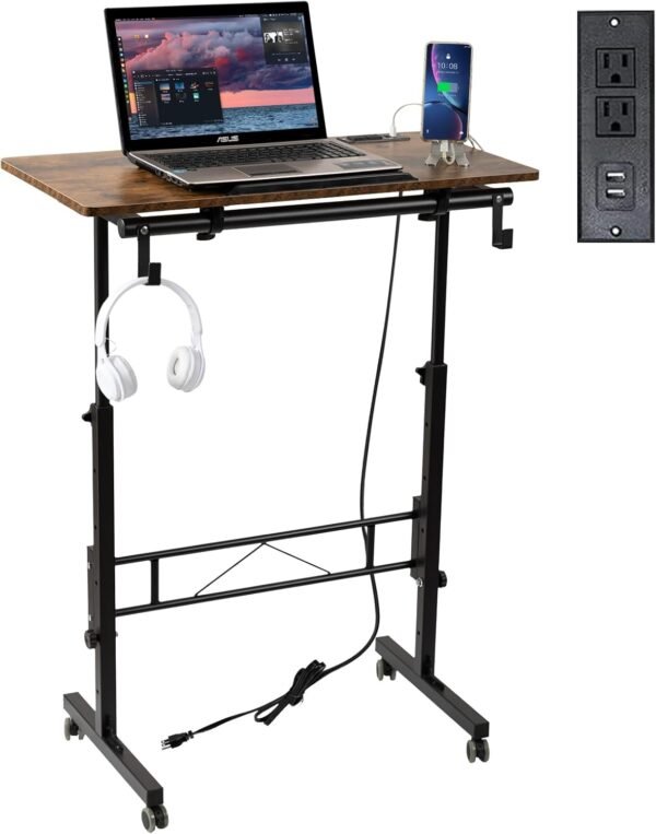 SIDUCAL Mesa de pé ajustável em altura com mesa inclinável, mesa de laptop com estação de carregamento, mesa de suporte portátil com rodas, marrom rústico