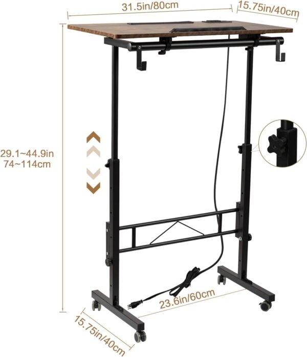 SIDUCAL Mesa de pé ajustável em altura com mesa inclinável, mesa de laptop com estação de carregamento, mesa de suporte portátil com rodas, marrom rústico - Imagem 2