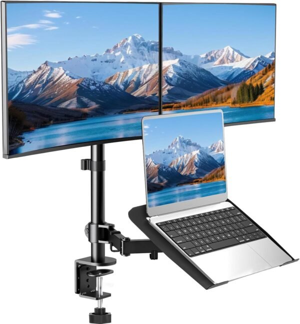 Suporte Articulado para Monitor Duplo e Notebook, Suporte articulado monitor, Design Ergonômico e Ajustável, Braço articulado monitor, Compatível com Telas de até 32" e Notebooks de 17", Preto