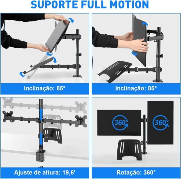 Suporte Articulado para Monitor Duplo e Notebook, Suporte articulado monitor, Design Ergonômico e Ajustável, Braço articulado monitor, Compatível com Telas de até 32" e Notebooks de 17", Preto - Imagem 2