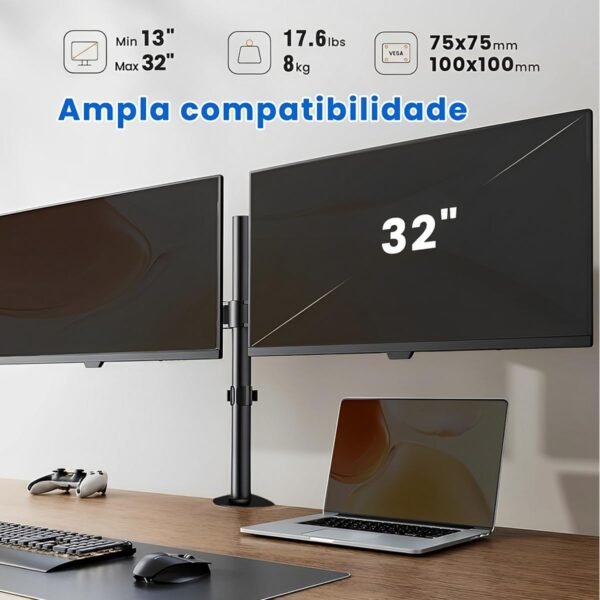 Suporte Articulado para Monitor Full-Motion, Braço Flexível com Pistão a Gás, Compatível com Monitores de 17'' a 35'', Preto, Ajuste Ergonômico, Braçadeira de Mesa Configurações de Tela Única ou Dupla - Imagem 2