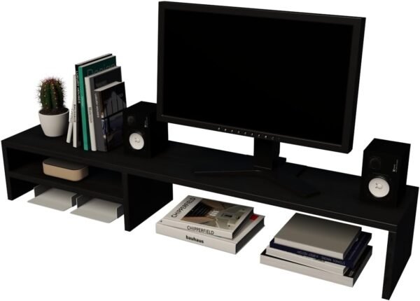 Suporte Organizador para Monitor de Computador, Prateleiras Ajustáveis, Preto