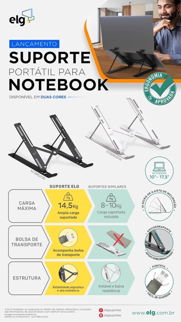 Suporte de Mesa Portátil para Notebook/Laptop de 10" a 17,3", 10 Níveis de Regulagem, Dobrável, Inclui Bolsa de Transporte, Preto, NTB8520B, ELG - Imagem 2