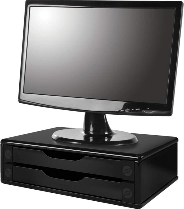 Suporte de Monitor 2 Gavetas, Mdf Preto (Black Piano) - Souza & Cia