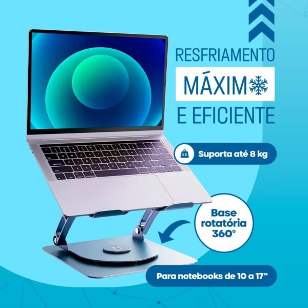 Suporte para Notebook Com Cooler Apoio Base de Aluminio para Laptop Tablet com Ventilador Ventoinha Ajustável Resistente Estável Portátil de Metal Vertical Dobrável Articulado - Imagem 2
