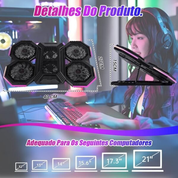 Suporte para Notebook, Suporte Notebook, Cooler Notebook, Base para Notebook, Cooler Notebook, Cooler para Notebook com 6 Fans, Operação Silenciosa (26-30 dB), Base Refrigerada para Notebook 9-17“ - Imagem 2