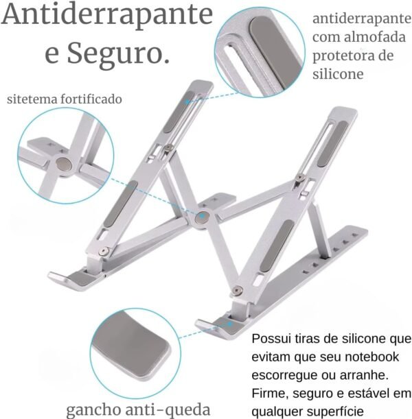 Suporte para Notebook Tablet Linha Premium em Alumínio Dobrável e Ergonômico Para Mesa Portátil Ajustável 6 Ângulos com Apoio Universal Compativel Ipad, Hp, Dell,Lenovo-Com estojo para armazenagem - Imagem 2