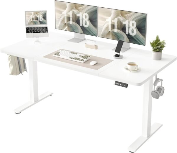 TIQLAB Mesa de pé 160 x 61 cm, altura elétrica ajustável com placa de emenda, mesa de apoio, para escritório em casa, branca