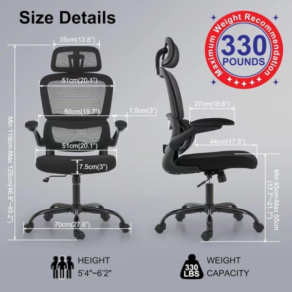 TRALT Cadeira de escritório ergonômica, cadeira de escritório de malha de 150 kg, cadeira de escritório com rodas, confortável para jogos, cadeira de escritório com encosto alto para longas horas - Imagem 2