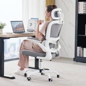 TRALT Cadeira de escritório ergonômica, cadeiras de escritório de malha de 150 kg com rodas, cadeira de jogos confortável, cadeira de escritório com encosto alto para longas horas (branca)