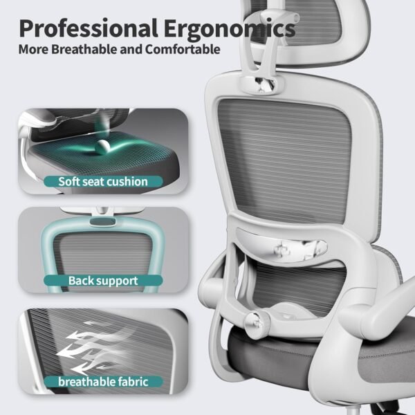 TRALT Cadeira de escritório ergonômica, cadeiras de escritório de malha de 150 kg com rodas, cadeira de jogos confortável, cadeira de escritório com encosto alto para longas horas (branca) - Imagem 2