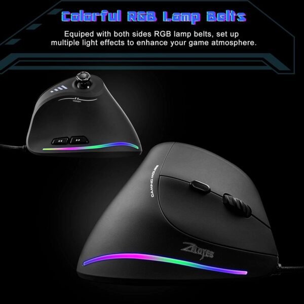 TRELC Mouse para jogos com 5 D Rocker, mouse ergonômico com 10.000 DPI/11 botões programáveis, mouse vertical para jogos com fio para PC/laptop/e-Sports/Gamer (preto) - Imagem 2