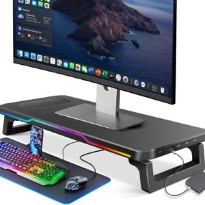 Tarbaha Base Suporte Gamer para Monitor e Notebook, Ajustável, Preto com Luzes RGB, 3 USB + 1 Tipo C Saída, Organizador Multifuncional para Escritório