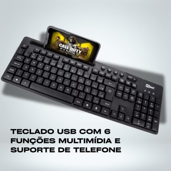 Teclado Usb Multimidia Office com Suporte para Smartphone Preto Ergonômico Casa Buritis - Imagem 2