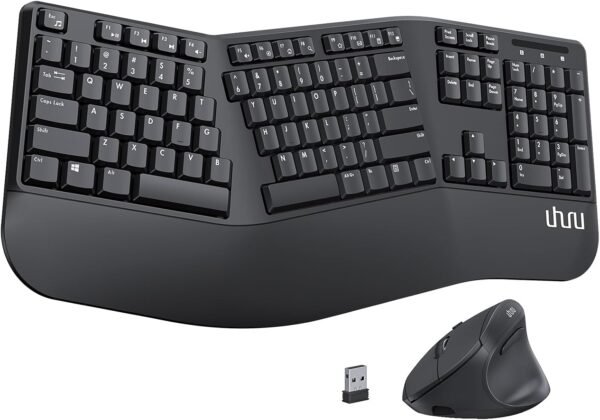 Teclado e mouse sem fio ergonômicos - Teclado dividido com apoio de palma ajustável para digitação natural e redução de tensão, combo de mouse de teclado de mesa confortável compatível com Windows/Mac/Android - Preto