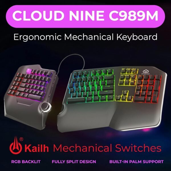 Teclado mecânico ergonômico Cloud Nine C989M – Interruptores marrons Cherry MX – Retroiluminação LED RGB com USB – Tabuleiro Ergo Split com Macro para PC, Full-Size Keyboard - Imagem 2