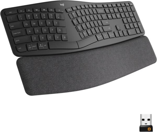 Teclado sem fio Logitech ERGO K860 com Layout de Teclado Dividido, Suporte para Descanso de Pulso, Tecido Resistente a Manchas, Conexão Bluetooth e USB - Compatível com Windows e Mac.