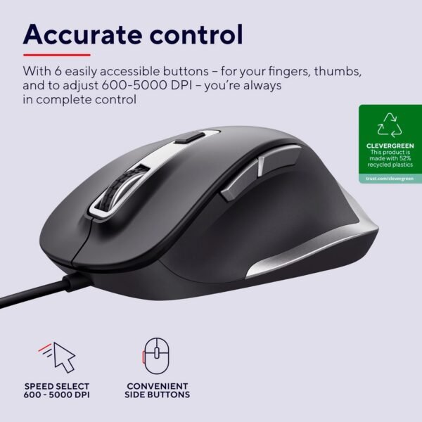 Trust Mouse de computador USB Fyda feito com materiais reciclados, 600-5000 DPI, 6 botões, descanso de polegar, mouse ergonômico confortável com fio para laptop, PC, Mac, trabalho, home office – Preto - Imagem 2