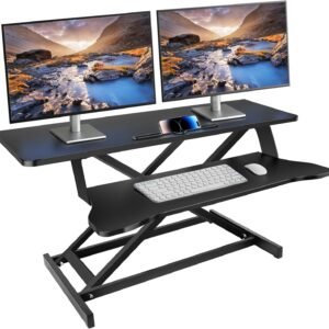 XaGai Mesa de pé, conversor de mesa vertical de 93 cm, monitores de computador duplo e estação de trabalho de laptop para escritório em casa, bandeja de teclado ampla para mesa de 2 camadas, preta