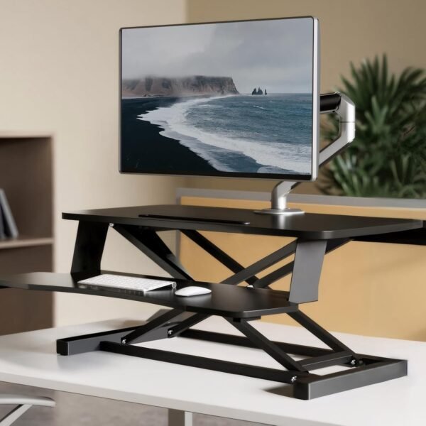 XaGai Mesa de pé, conversor de mesa vertical de 93 cm, monitores de computador duplo e estação de trabalho de laptop para escritório em casa, bandeja de teclado ampla para mesa de 2 camadas, preta - Imagem 2