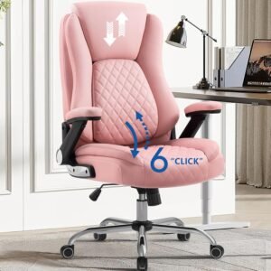YAMASORO Cadeiras de escritório executivas confortáveis cadeira ergonômica de mesa com apoio de braços virados - encosto de cabeça ajustável, inclinação e suporte lombar - couro preto ligado, rosa