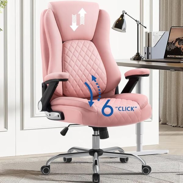 YAMASORO Cadeiras de escritório executivas confortáveis cadeira ergonômica de mesa com apoio de braços virados - encosto de cabeça ajustável, inclinação e suporte lombar - couro preto ligado, rosa
