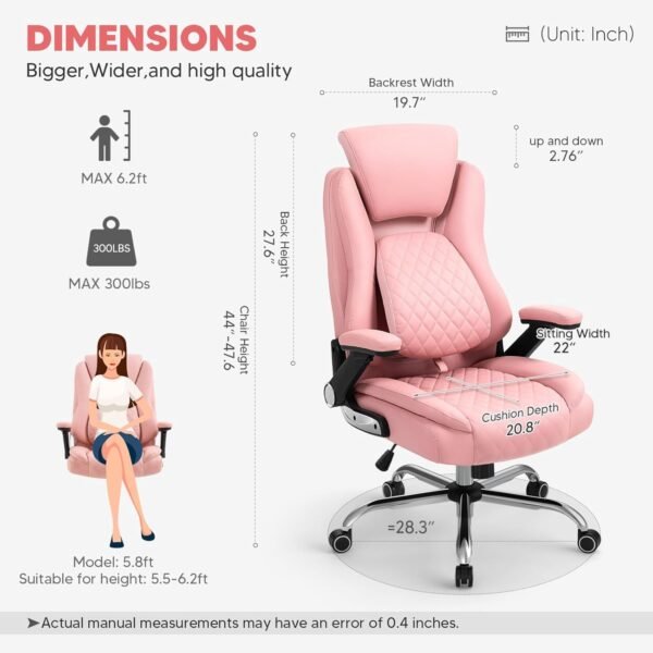 YAMASORO Cadeiras de escritório executivas confortáveis cadeira ergonômica de mesa com apoio de braços virados - encosto de cabeça ajustável, inclinação e suporte lombar - couro preto ligado, rosa - Imagem 2