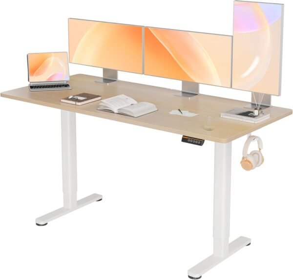 YDN Mesa de pé elétrica, mesa de pé de 153 x 61 cm, altura ajustável, mesa de escritório em casa com placa de emenda, parte superior natural