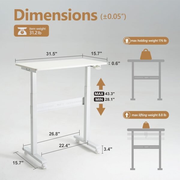 YILIFT Mesa de pé não elétrica com elevação automática, sem puxadores ou manivela, sem fio, rolamento e móvel, ótima para andar, altura ajustável 71 a 119 cm, tamanho de mesa 70 x 30 cm, cor branca - Imagem 2