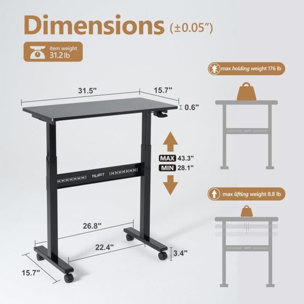 YILIFT Mesa de pé não elétrica com elevação automática, sem puxadores ou manivela, sem fio, rolamento e móvel, ótima para caminhada, altura ajustável 71 a 119 cm, tamanho de mesa 70 x 30 cm, cor preta - Imagem 2