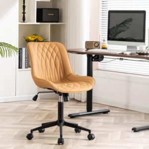 YOUNIKE Cadeira de mesa ergonômica Tan para escritório em casa, sem braços, confortável, pequena cadeira cruzada com rodas, giratória, ajustável, moderna, cadeira de trabalho estofada de couro com
