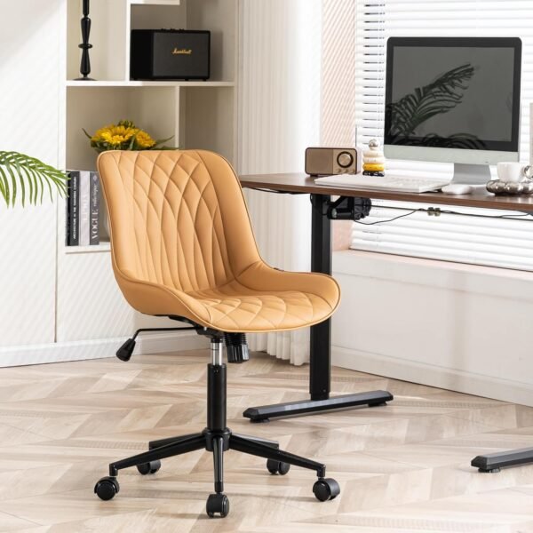 YOUNIKE Cadeira de mesa ergonômica Tan para escritório em casa, sem braços, confortável, pequena cadeira cruzada com rodas, giratória, ajustável, moderna, cadeira de trabalho estofada de couro com