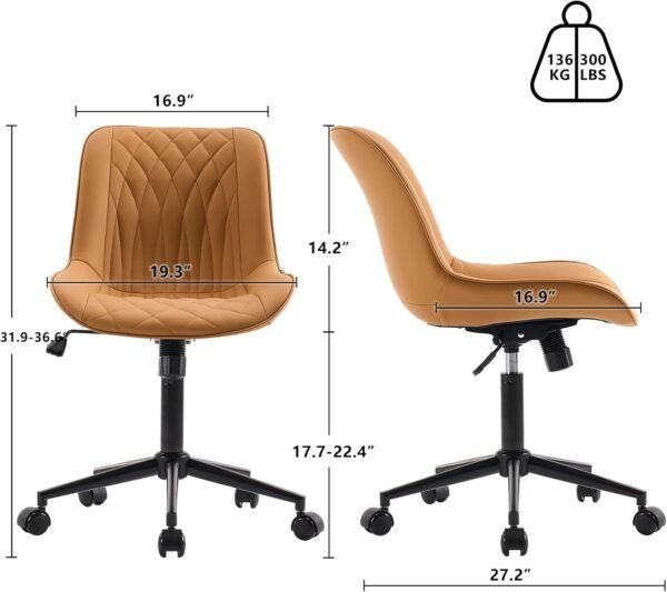 YOUNIKE Cadeira de mesa ergonômica Tan para escritório em casa, sem braços, confortável, pequena cadeira cruzada com rodas, giratória, ajustável, moderna, cadeira de trabalho estofada de couro com - Imagem 2