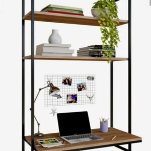escrivaninha industrial com prateleiras, mesa escritorio, home office, mesa game.