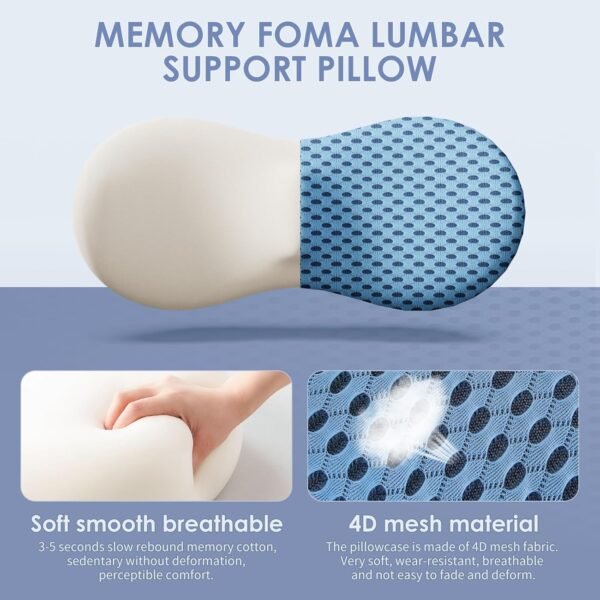 kasney Almofada de suporte lombar com espuma viscoelástica ergonômica, alivia dores nas costas, respirável e removível e lavável, perfeita para cadeiras de escritório, assentos de carro, camas (azul) - Imagem 2